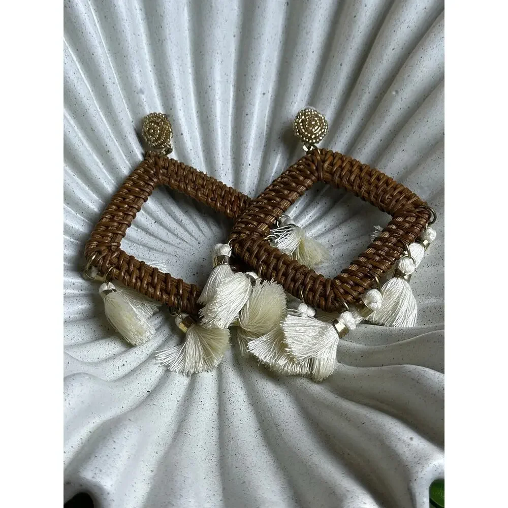 BOGO FREE Boho Rattan Tassel Statement Earrings Fringe Coastal Cowgirl